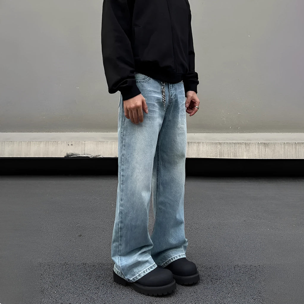 Men's blue retro whisker washed straight jeans with medium-high waist and visible stitching