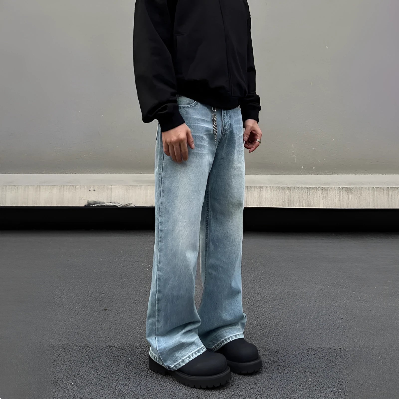 Men's blue retro whisker washed straight jeans with medium-high waist and visible stitching