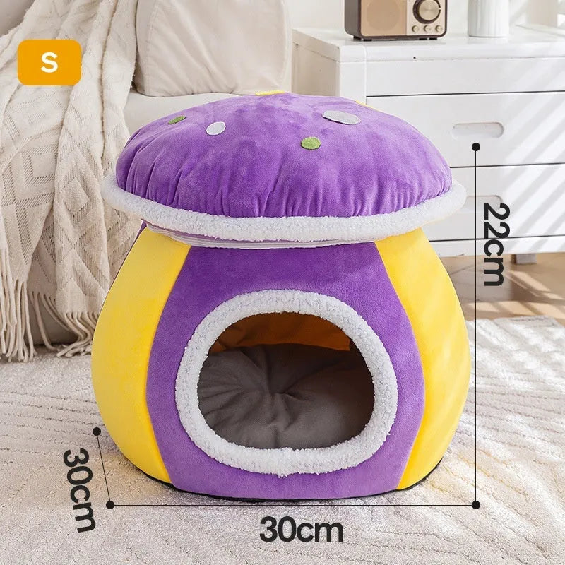 Purple mushroom-shaped plush cat bed for small pets on a grey background.