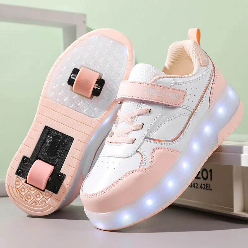 Children's rechargeable roller skates with flashing LED light-up wheels in pink, white, black, and purple colours.