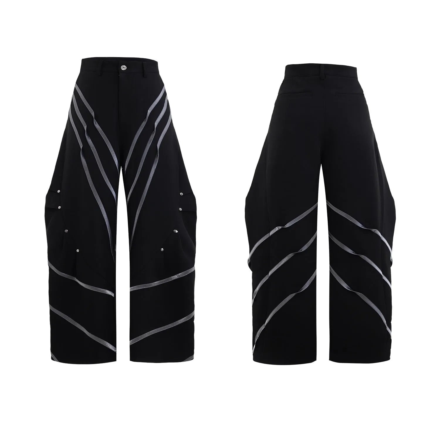 Men's black and white polyester trousers with three-dimensional cut and metal striped rivet pleats