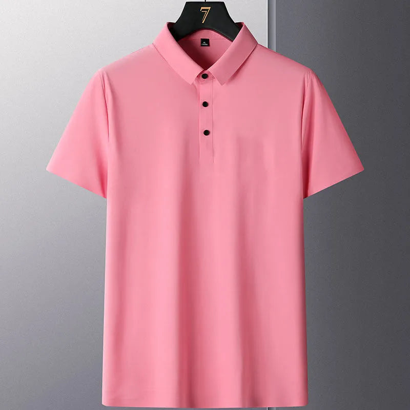 Men's non-ironing solid colour short sleeve business casual top on a hanger