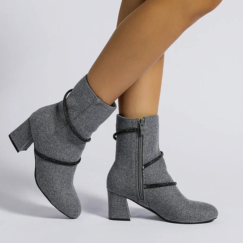 Chunky mid heel suede boots with rhinestone chain design in black for women