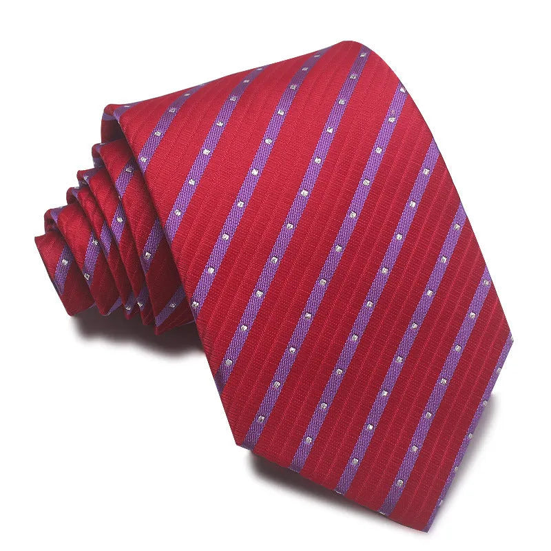 8CM wide polyester jacquard striped business tie in arrow style showing red, black, and blue colour options