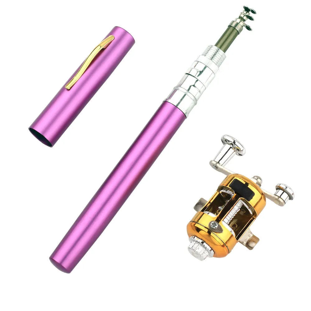 Portable telescopic pen fishing rod kit collapsed to 20.5cm next to its ST5RL fishing reel.