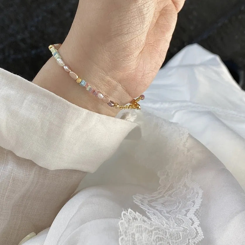 Purple natural pearl bracelet and necklace set with 14K gilded silver handmade jewellery
