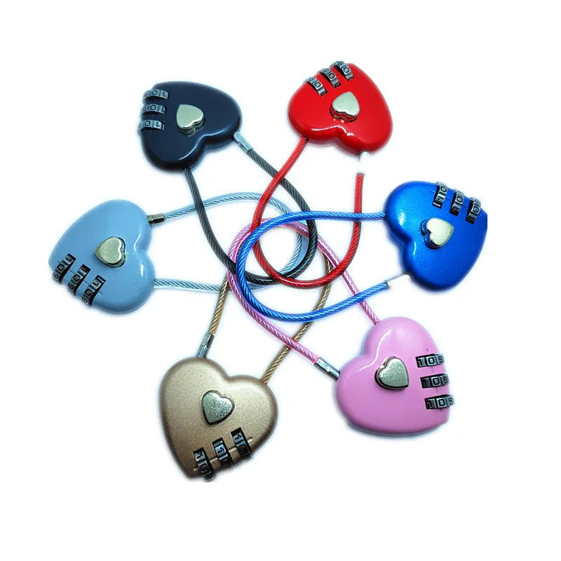 Peach heart shaped ABS plastic padlock with a long steel wire rope in one of six colour options.