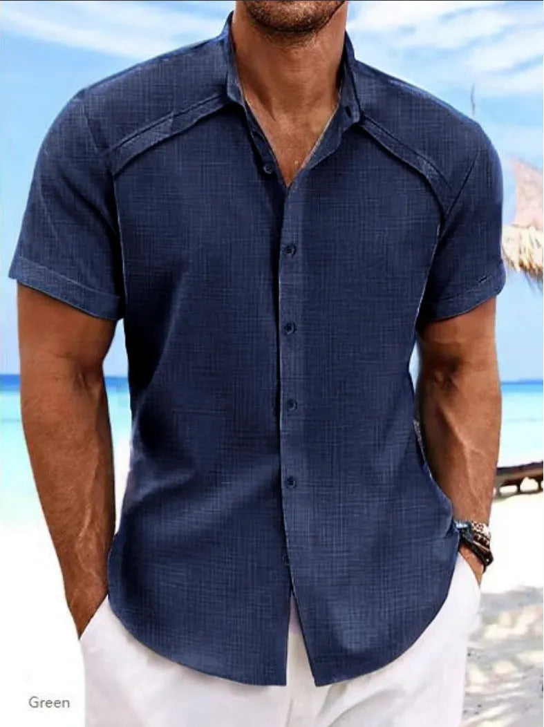Hawaiian casual short sleeve solid colour cotton blend shirt in matcha green on a hanger