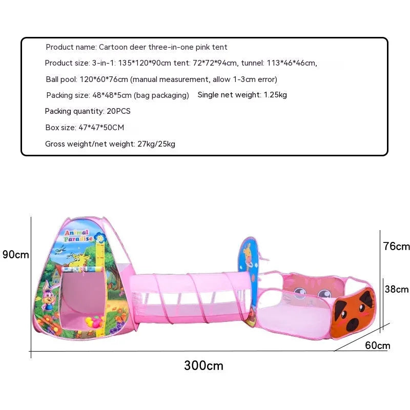 Cartoon marine themed three-in-one children's fabric play tent with ball pool tunnel