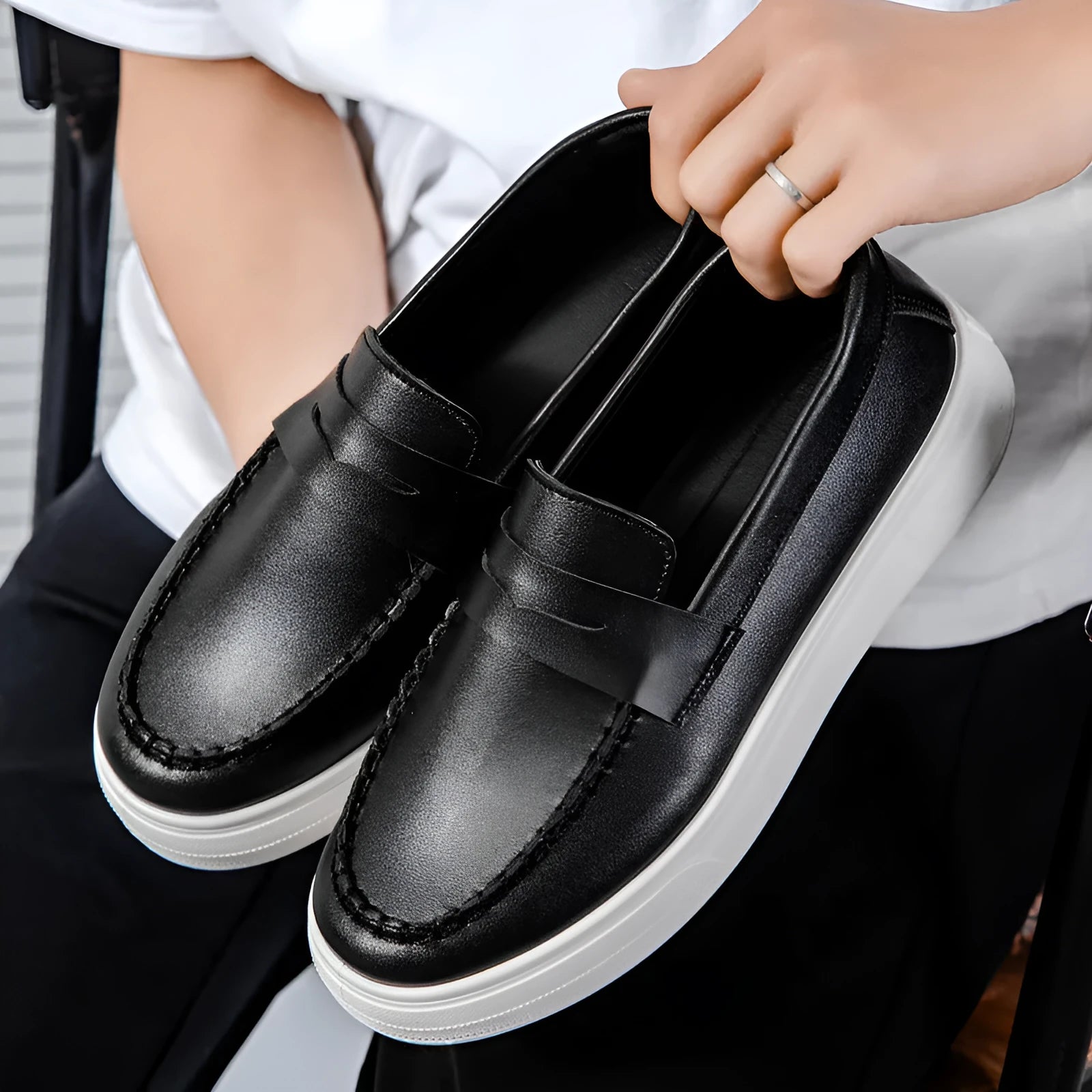 British style casual leather shoes in artificial PU, round toe, shown in white, black and white, and khaki colours.