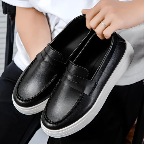 British style casual leather shoes in artificial PU, round toe, shown in white, black and white, and khaki colours.