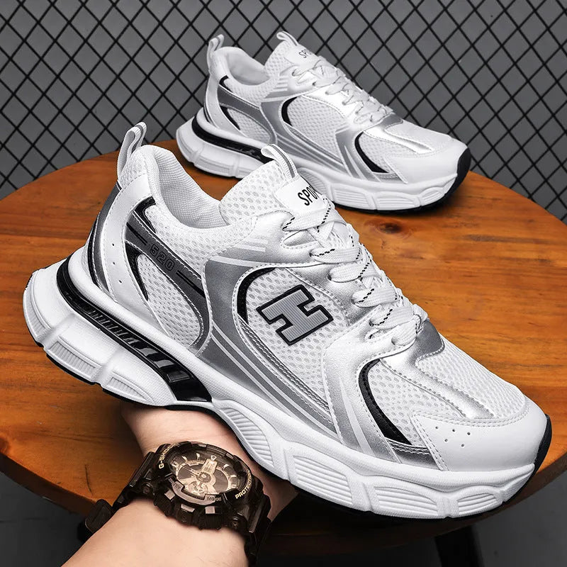 Men's mesh running shoes in black, white grey, or white orange with plastic soles
