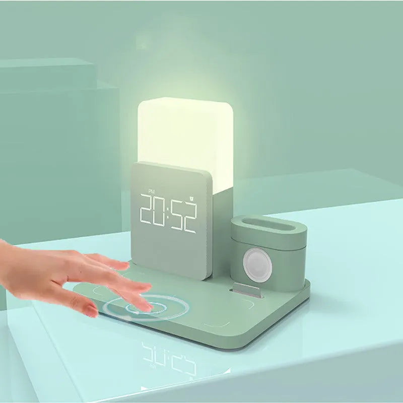Dark green 3-in-1 wireless charging stand with smartphone, smartwatch, and earbuds charging simultaneously