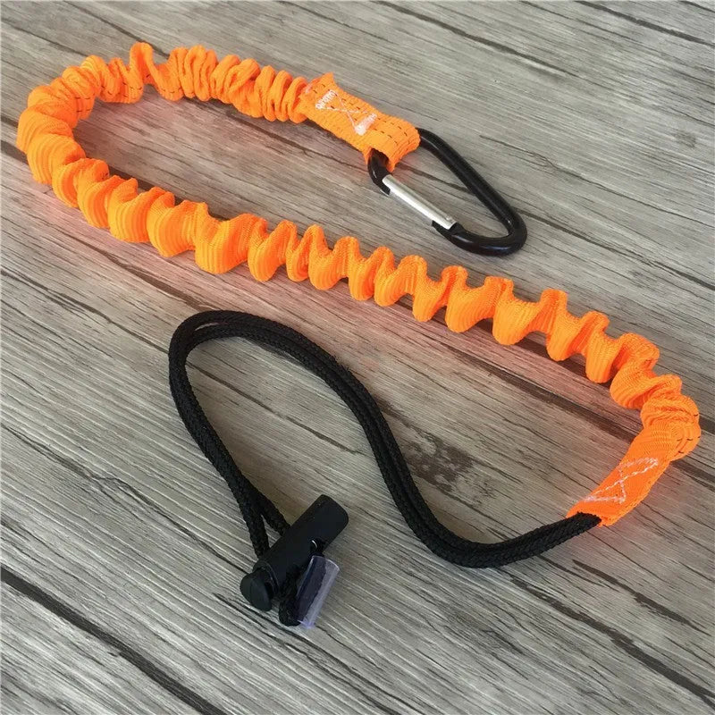 Orange fishing rod safety rope showing 90cm length and connection fittings
