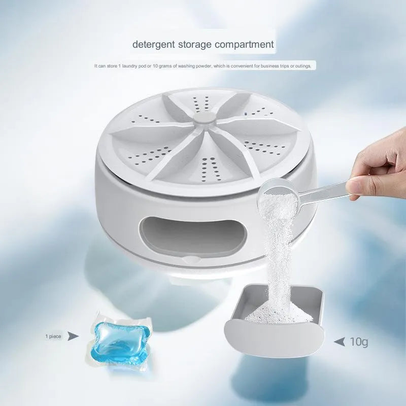 White ABS plastic portable turbo washing machine with remote control, USB power, and colour box packaging