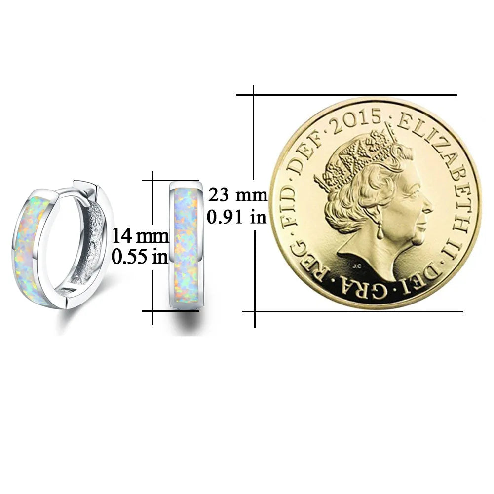Hinged hug opal earrings in 925 sterling silver white gold plated round hoops for women with multicolour stone