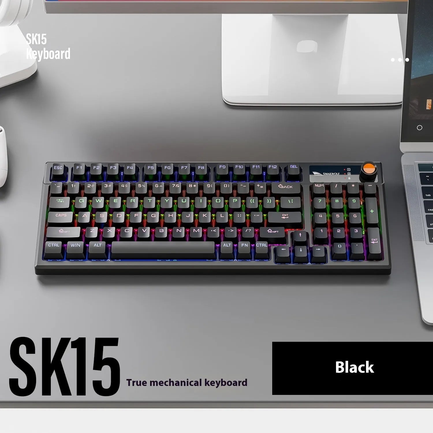 SK15 wired mechanical keyboard with control knob in autumn water blue colour