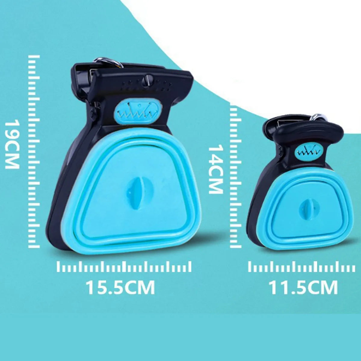 Blue handheld dog pooper scooper with clip and bag dispenser on a green background.