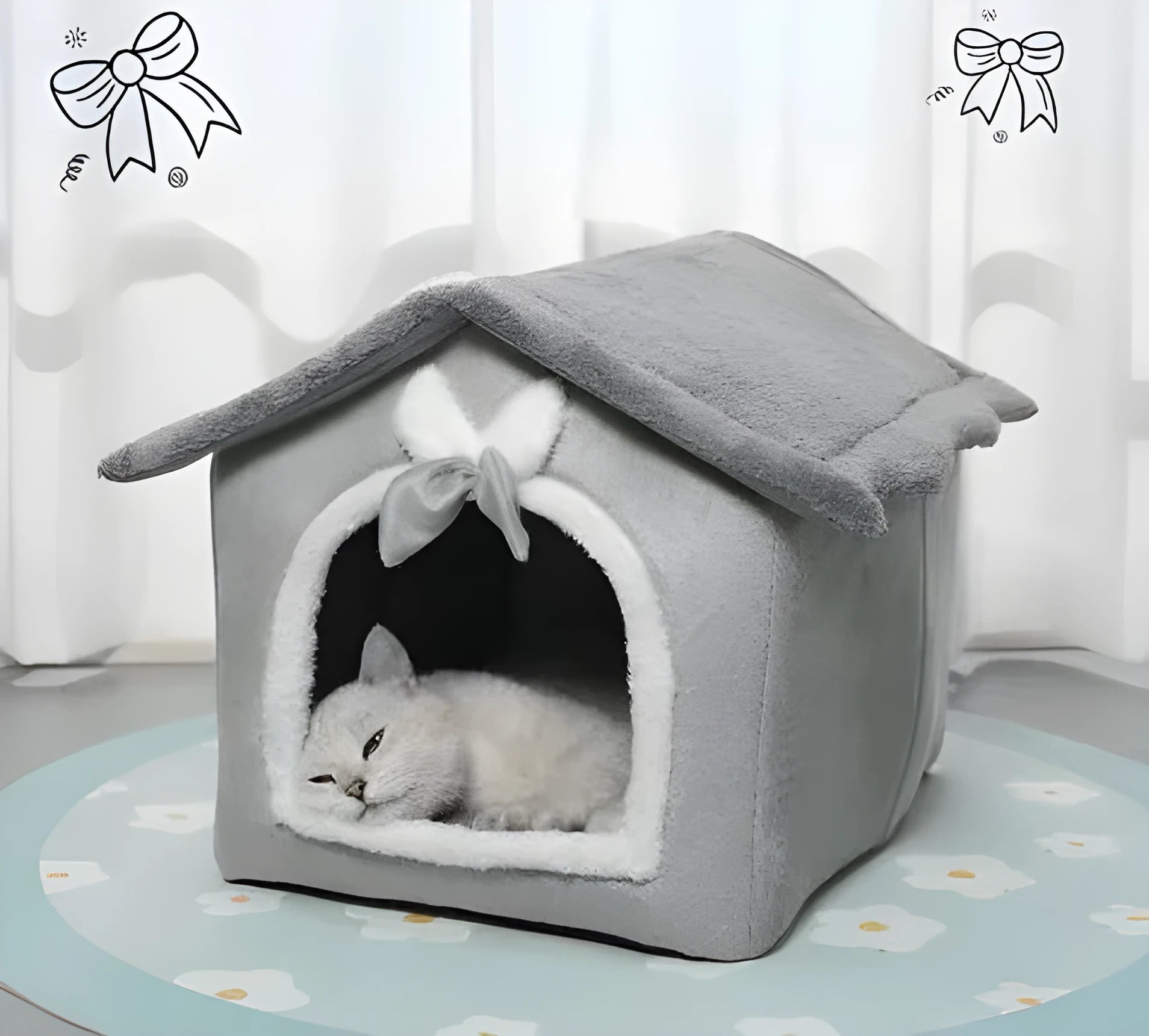 Small dog rabbit doghouse cathouse winter warm house type PP cotton bowknot design brown bear nest for cats
