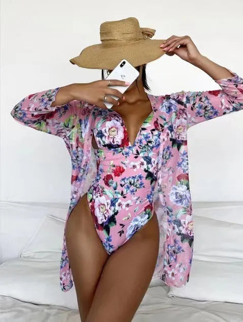 Women's floral bikini three-piece suit with matching coat in seven colour options