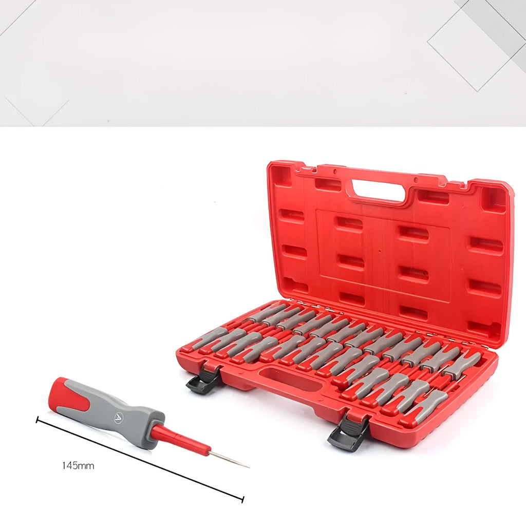 25-piece car terminal removal needle tool set in a storage case for electrical harness disassembly