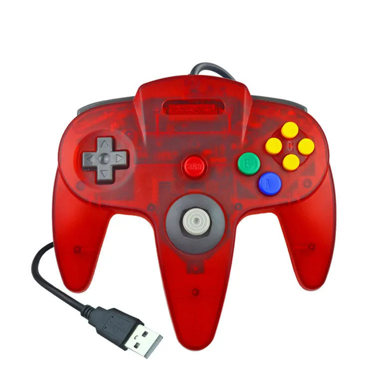 Blue USB N64 game controller for PC computers on a grey background.