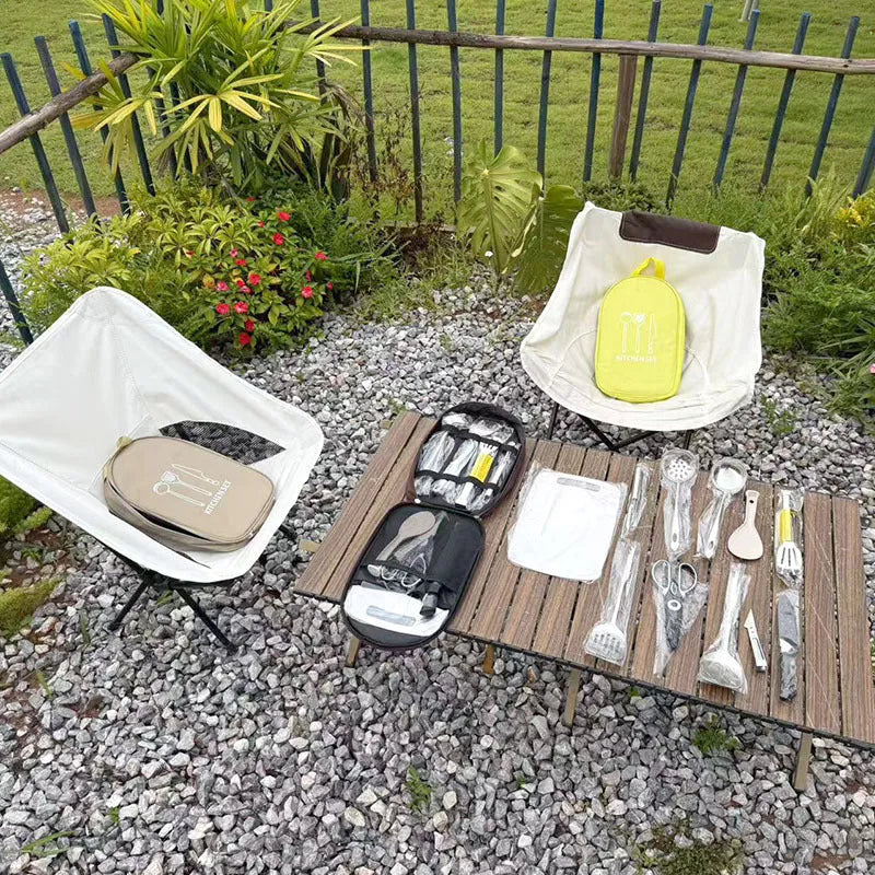 Khaki portable storage bag containing a 12-piece stainless steel picnic cutlery set.