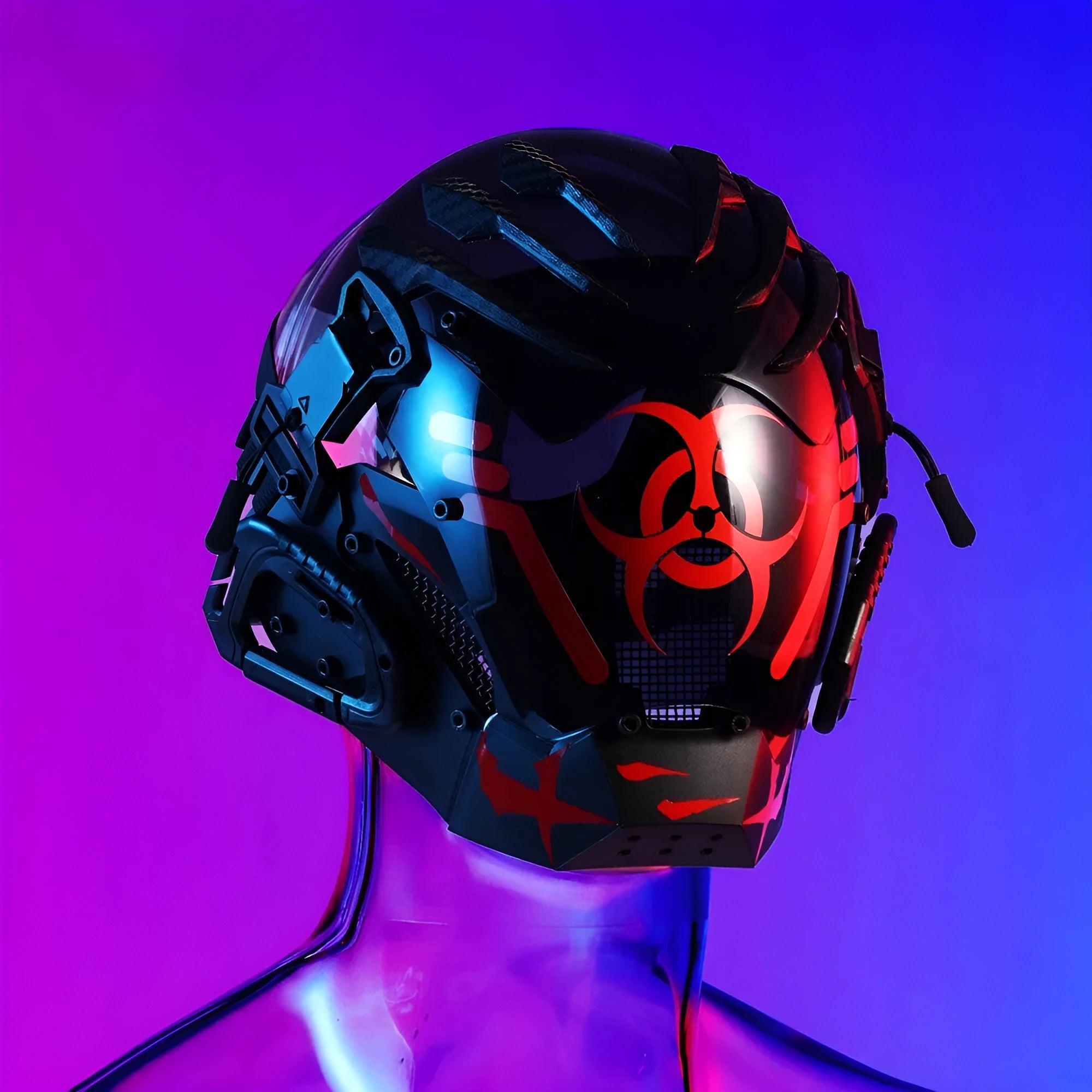 Black Bioweapon tech-style full face prop mask helmet for costumes.