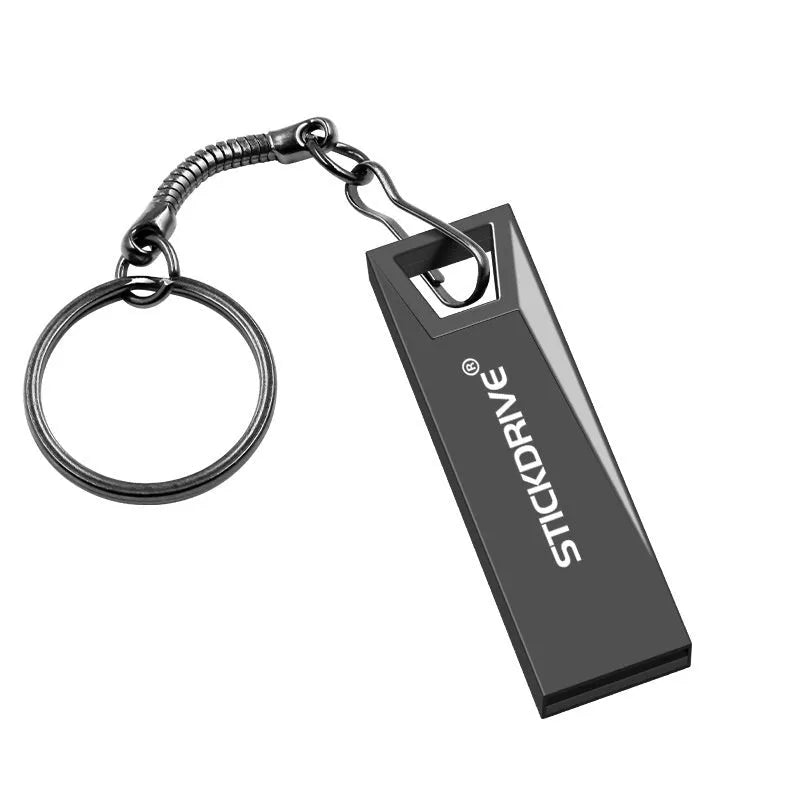Metal USB flash drive on a silver chain necklace, showing black casing with options for lanyard or different chain attachments.