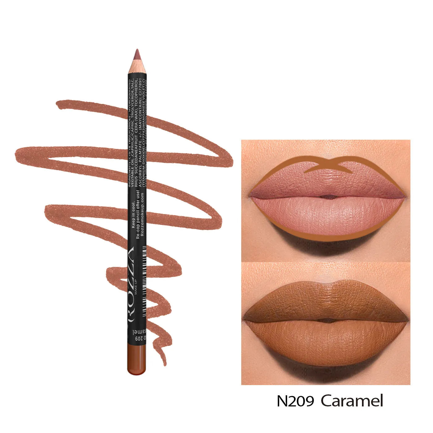 Matte lip liner pencil in a wooden tone shade from a set of 14 colours, shown on a hand.