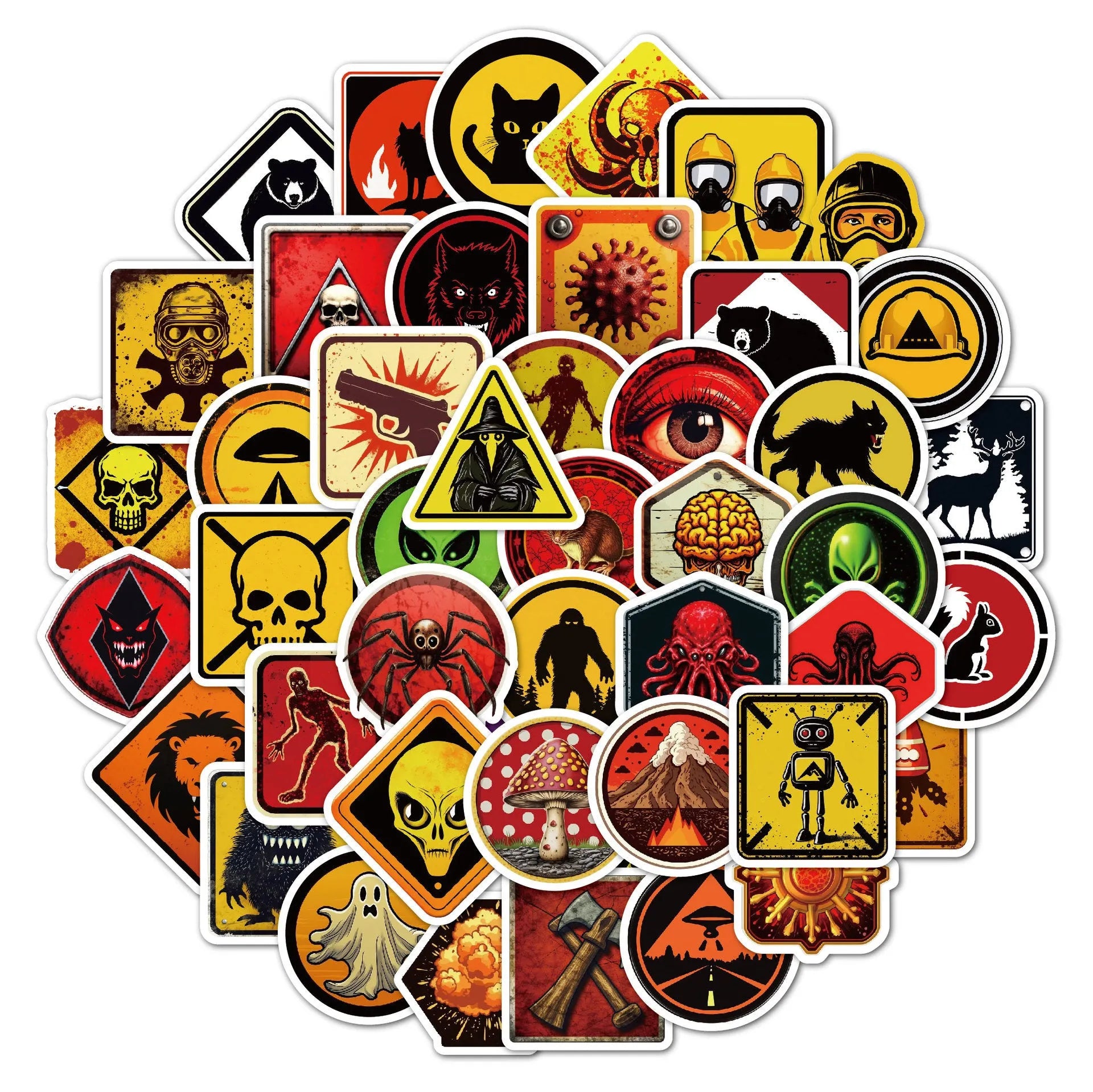 Pack of 50 waterproof PVC warning stickers for helmets, featuring various slogans printed in four colours.