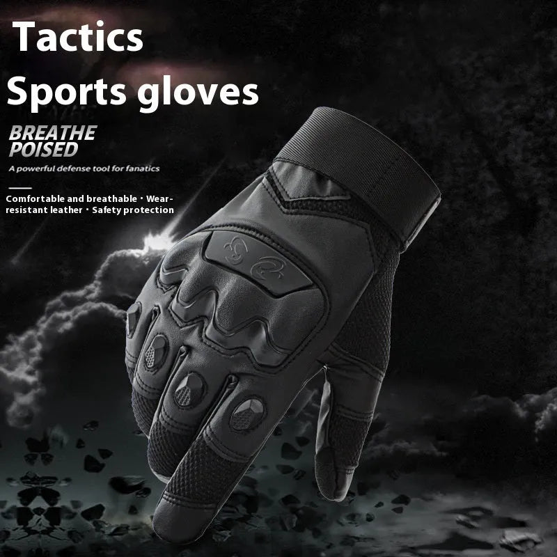 Men's black full-finger tactical gloves with touchscreen fingertips on a hand, showing sizes M L XL.