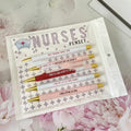 Set of five nurse-themed ballpoint pens with humorous nursing copywriting printed on plastic barrels