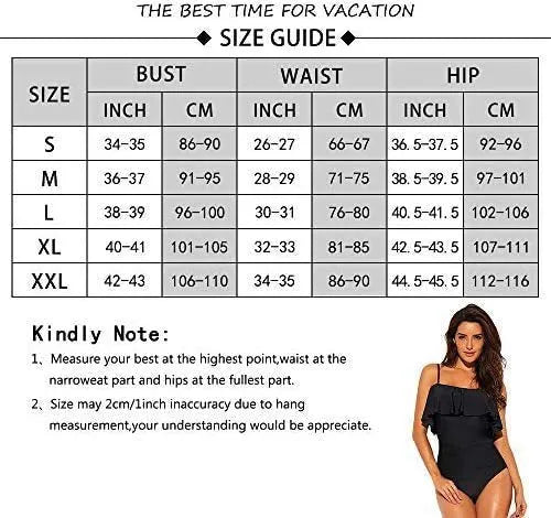 Black one-piece swimsuit with cut-out detail and ruffled straps on a tube top.