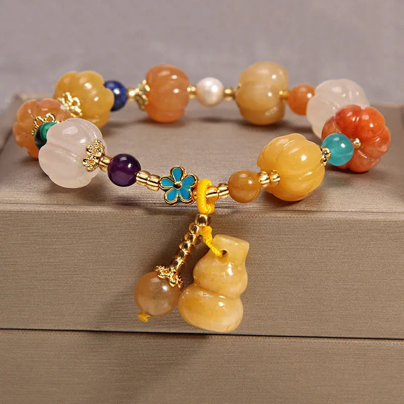 Khaki agate crystal bracelet for women with gold silk adjustable cord in Japanese Korean style