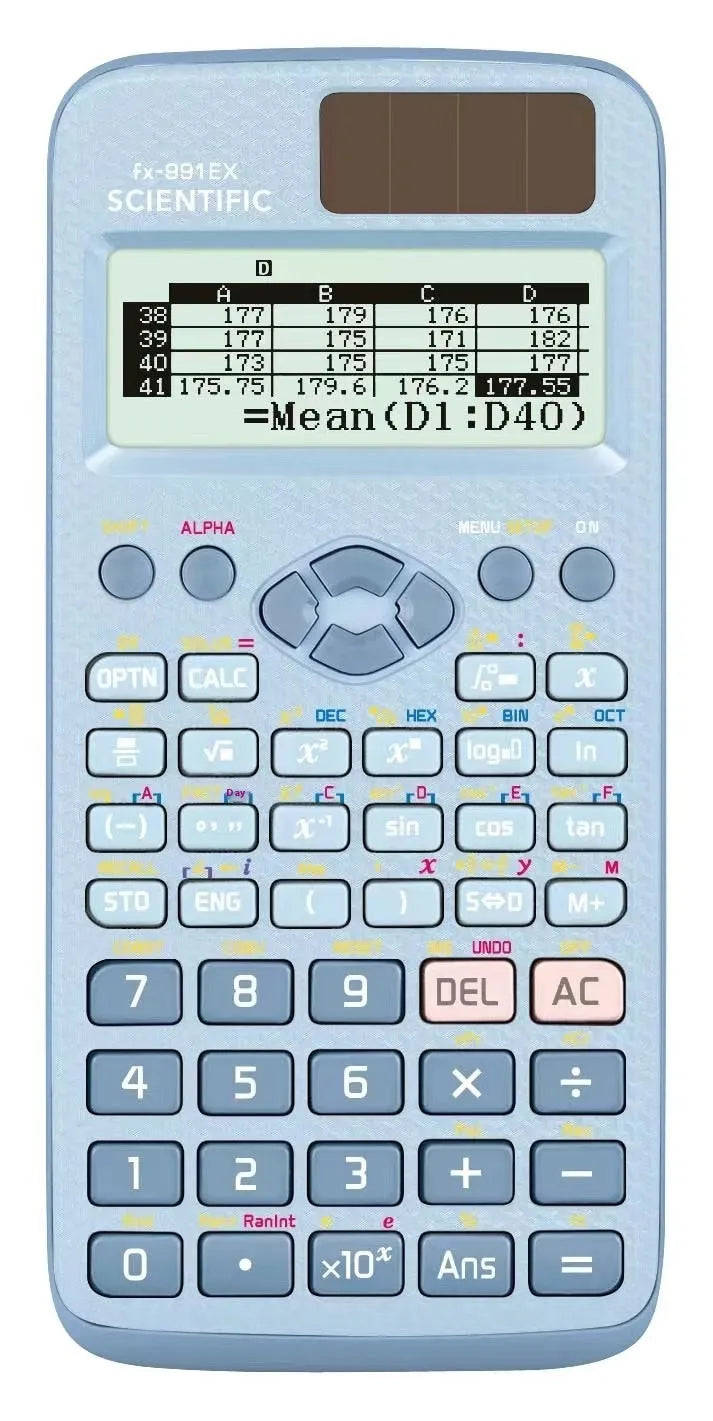 Casio fx-991EX scientific calculator in black, blue or pink with solar panel and 4-line display