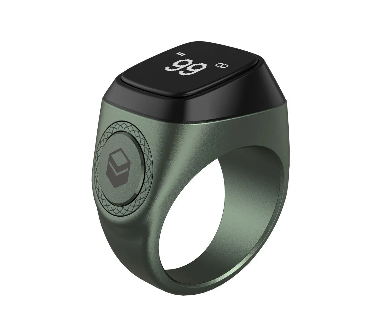 Zikr1 smart ring in black green rose gold silver colours with OLED display showing prayer times