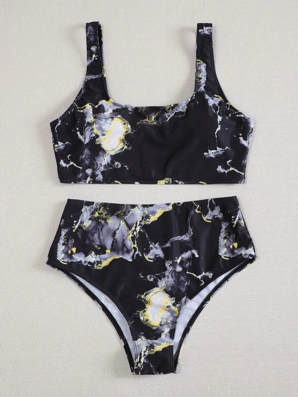 Women's marble tie-dye high-waist bikini with U-neck top for swimming.