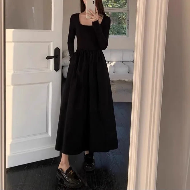 Women's square collar knitted dress with A-line silhouette and elastic waist in black or grey