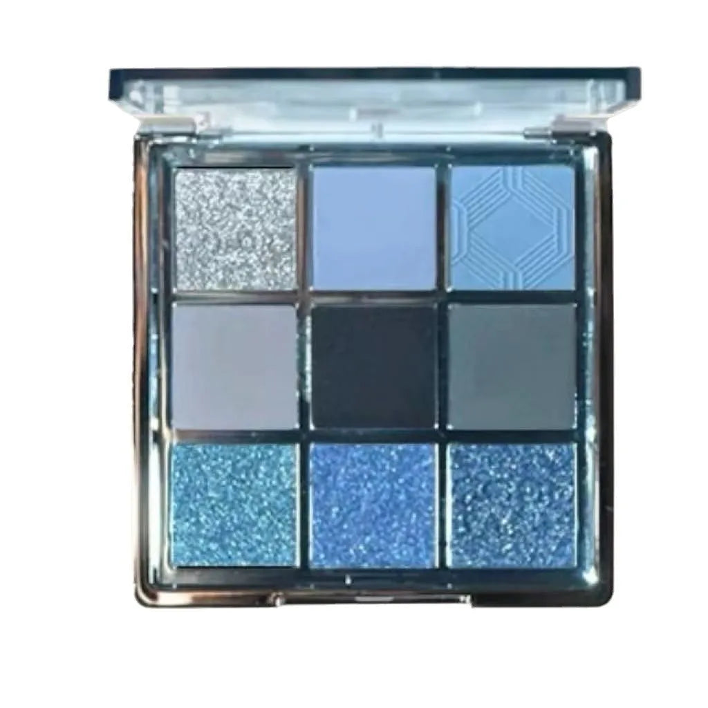 MUGELEEN nine-colour eye shadow palette showing low saturation blue smoked matte shimmer diamond debris finishes