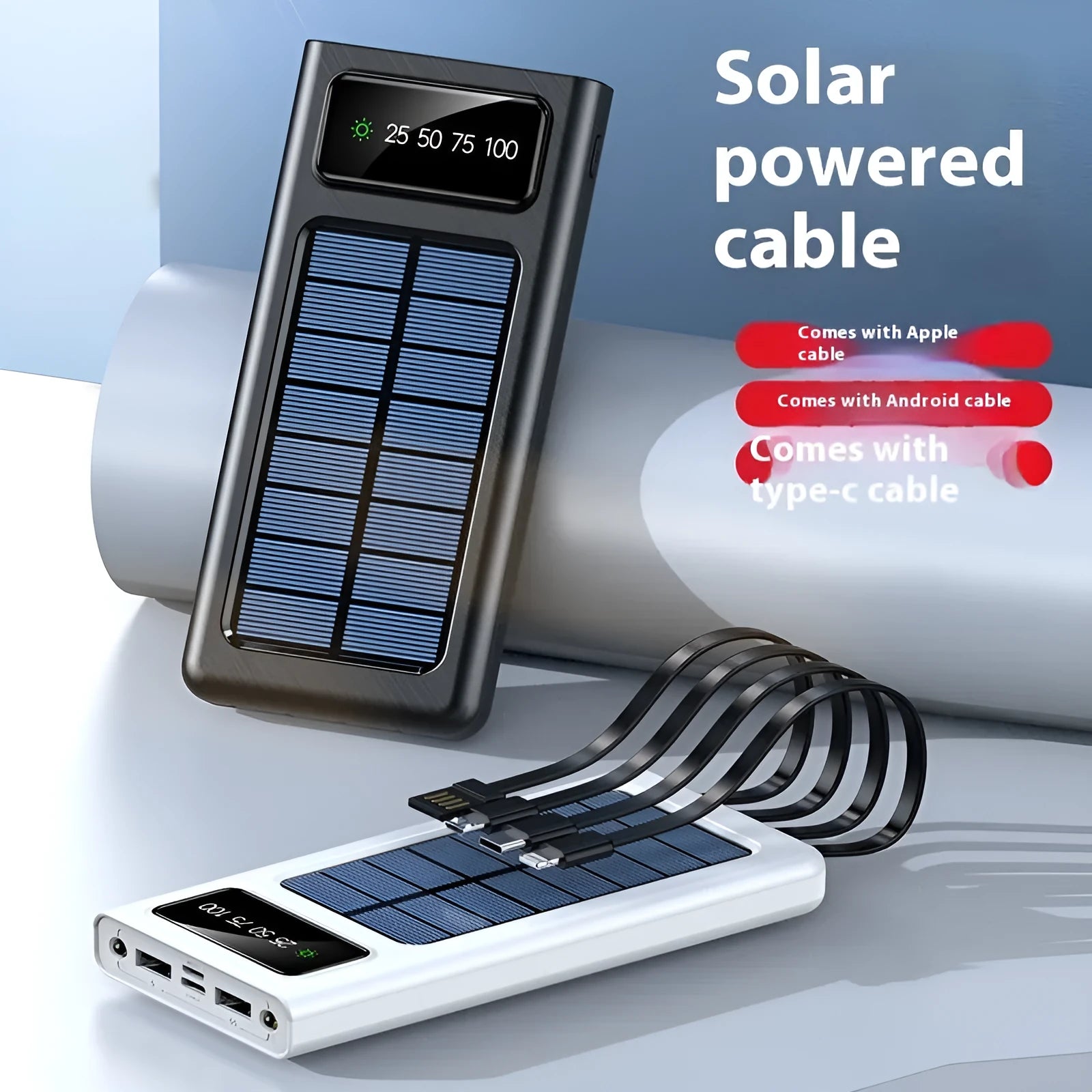 Black and white solar power bank with USB port and 20000mAh capacity for mobile phones