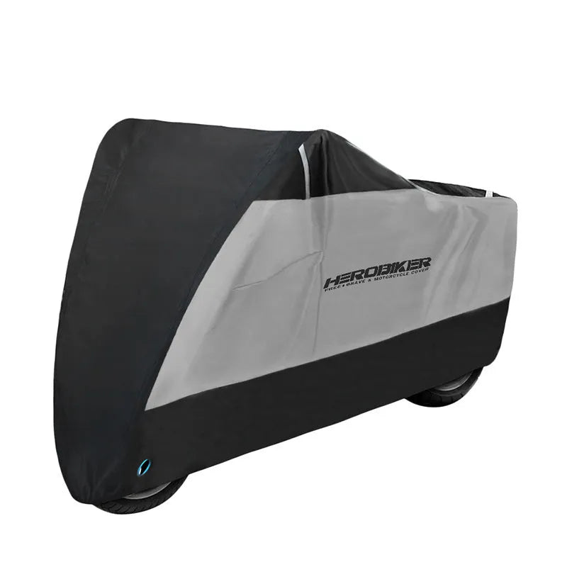 Black polyester motorcycle cover on electric vehicle showing rain protection and heat insulation features