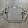 Grey loose-fitting knitwear coat with long sleeves and textured Jacquard weave pattern