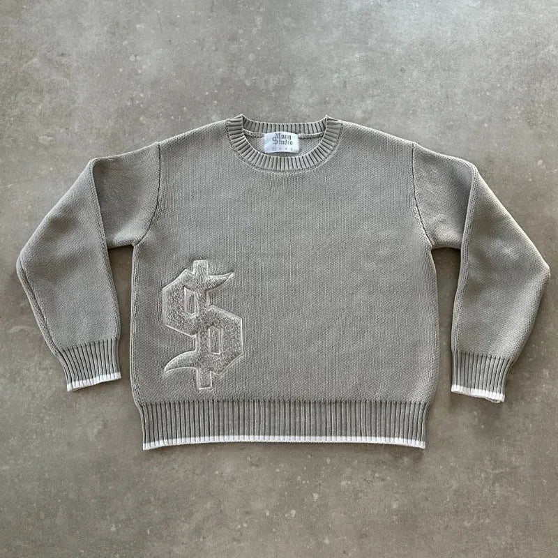 Grey loose-fitting knitwear coat with long sleeves and textured Jacquard weave pattern