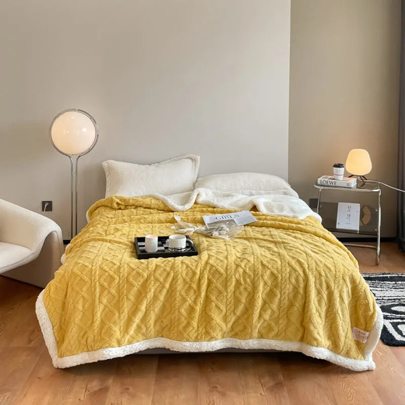 Polyester thermal flannel winter blanket in beige colour, laid flat showing its 180x200cm size and textured fabric.