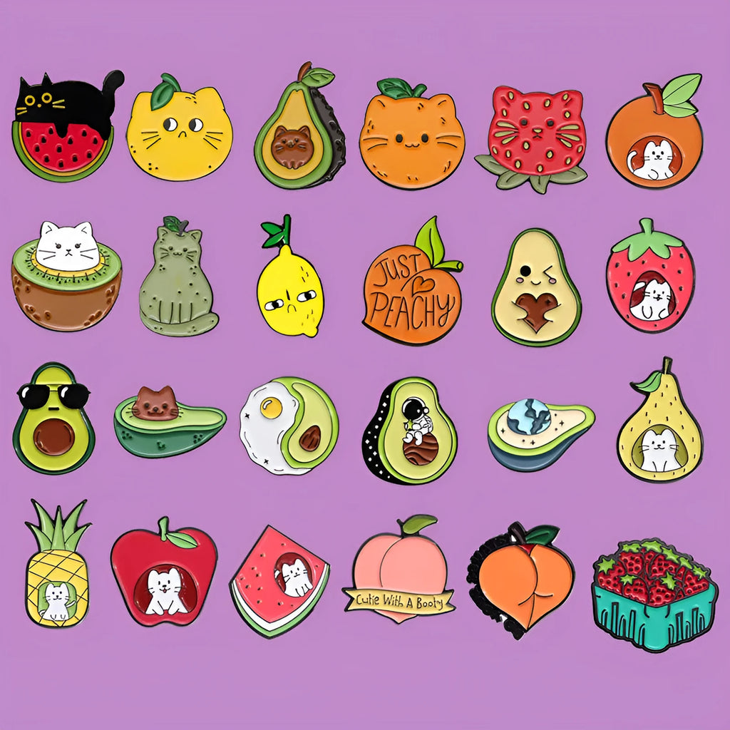 Colourful cartoon fruit and letter shaped zinc alloy brooch pin on fabric