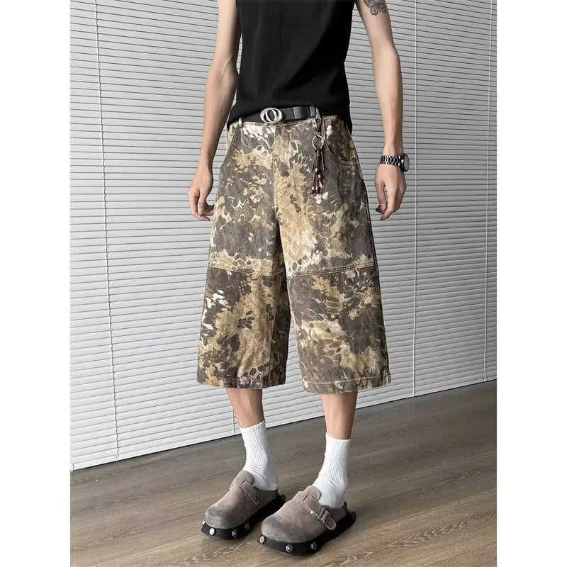 Yellow women's jeans with snake camouflage pattern and cropped length