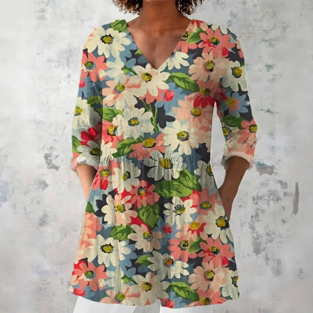 Women's retro slim fit long-sleeved top with digital printing in polyester fabric