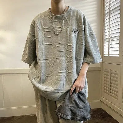 Men's grey loose retro T-shirt with a raised 3D letter print on the chest