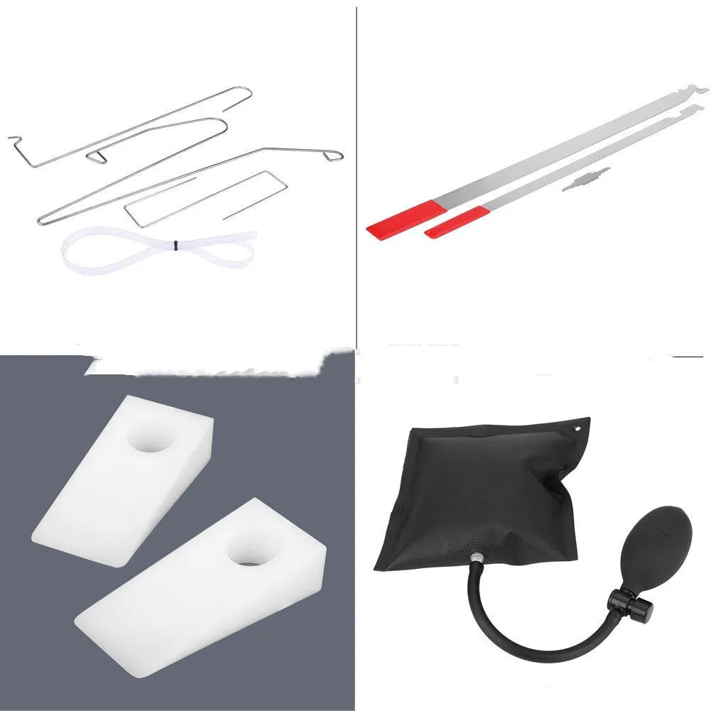 9-piece automotive maintenance kit with air pump wedge, hooks, plastic wedges, and pry bars